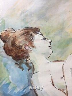 Painting Old Art Deco Marcel Vertes Watercolor Lying Naked Eroticism Erotica