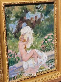 Painting signed LUCIENNE LEROUX Woman Taking a Bath Oil on Canvas