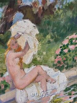 Painting signed LUCIENNE LEROUX Woman Taking a Bath Oil on Canvas