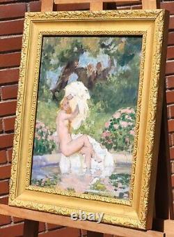 Painting signed LUCIENNE LEROUX Woman Taking a Bath Oil on Canvas