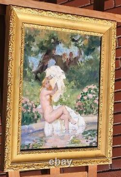 Painting signed LUCIENNE LEROUX Woman Taking a Bath Oil on Canvas