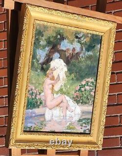 Painting signed LUCIENNE LEROUX Woman Taking a Bath Oil on Canvas