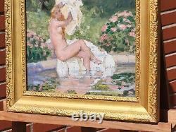 Painting signed LUCIENNE LEROUX Woman Taking a Bath Oil on Canvas