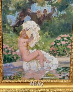 Painting signed LUCIENNE LEROUX Woman Taking a Bath Oil on Canvas