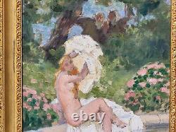 Painting signed LUCIENNE LEROUX Woman Taking a Bath Oil on Canvas