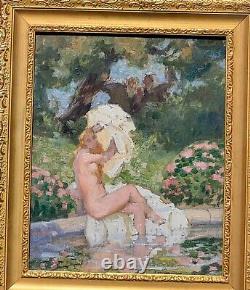 Painting signed LUCIENNE LEROUX Woman Taking a Bath Oil on Canvas