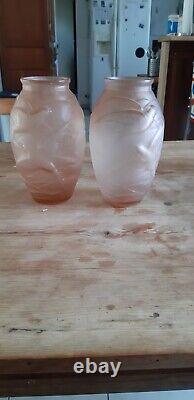Pair Of Art Deco Vases In Saumoné Glass Signed Ns