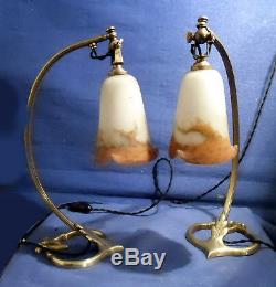 Pair Of Articulated Lamps In Bronze And Tulips Pte Glass Signed Muller