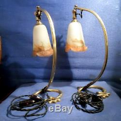 Pair Of Articulated Lamps In Bronze And Tulips Pte Glass Signed Muller