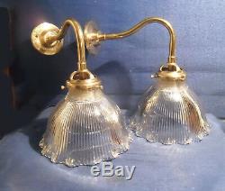 Pair Of Wall Art Deco Tulips Glass Signed Holophane Brass Swan Neck