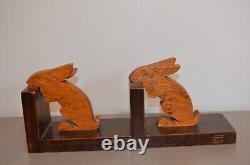 Pair of Art Deco Wooden Bookends Signed Povy, Hare or Rabbit