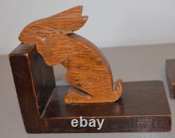 Pair of Art Deco Wooden Bookends Signed Povy, Hare or Rabbit