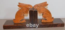 Pair of Art Deco Wooden Bookends Signed Povy featuring Hare or Rabbit