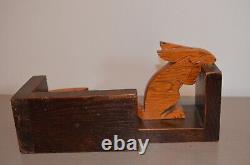 Pair of Art Deco Wooden Bookends Signed Povy featuring Hare or Rabbit