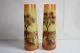 Pair Of Art Deco Painted Glass Vases, Signed Ruelle, Molded Glass, Landscape, 24.4