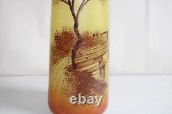 Pair of Art Deco painted glass vases, signed RUELLE, molded glass, landscape, 24.4