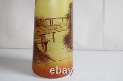 Pair of Art Deco painted glass vases, signed RUELLE, molded glass, landscape, 24.4