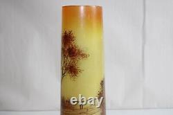 Pair of Art Deco painted glass vases, signed RUELLE, molded glass, landscape, 24.4