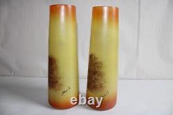 Pair of Art Deco painted glass vases, signed RUELLE, molded glass, landscape, 24.4