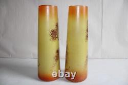 Pair of Art Deco painted glass vases, signed RUELLE, molded glass, landscape, 24.4