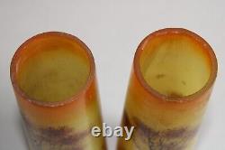 Pair of Art Deco painted glass vases, signed RUELLE, molded glass, landscape, 24.4