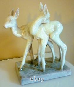 Pair of Enamel Cracked Ceramic Fawns, Signed Else Bach (1899-1950) Art Deco