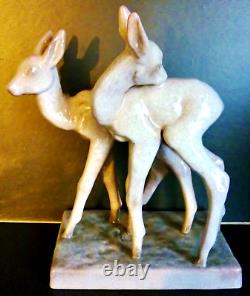 Pair of Enamel Cracked Ceramic Fawns, Signed Else Bach (1899-1950) Art Deco