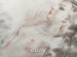 Pastel drawing of a reclining nude woman in art deco style signed Nikolsky