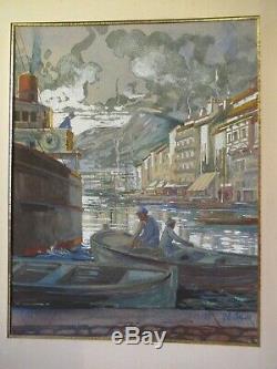 Port Of Toulon Dated 1925. Gouache On Cardboard 21x27cm Signed. Art Deco. Superb