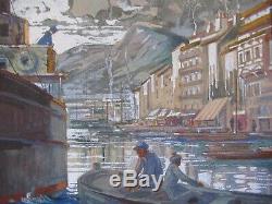 Port Of Toulon Dated 1925. Gouache On Cardboard 21x27cm Signed. Art Deco. Superb