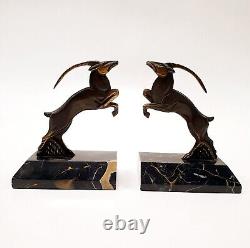 R. Varnier Bookend Animal Sculpture Ibex Bronze Signed Art Deco