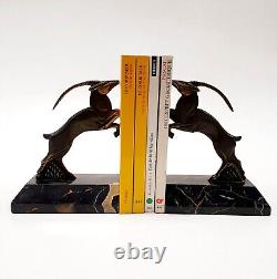 R. Varnier Bookend Animal Sculpture Ibex Bronze Signed Art Deco