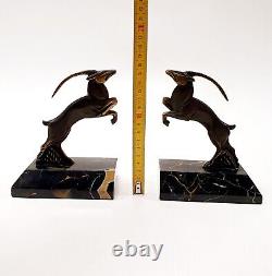 R. Varnier Bookend Animal Sculpture Ibex Bronze Signed Art Deco