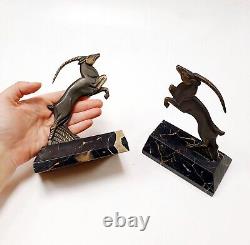 R. Varnier Bookend Animal Sculpture Ibex Bronze Signed Art Deco