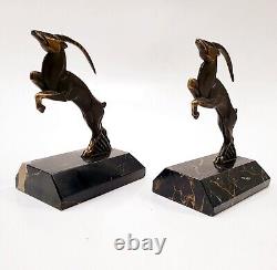 R. Varnier Bookend Animal Sculpture Ibex Bronze Signed Art Deco