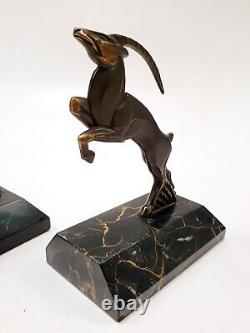 R. Varnier Bookend Animal Sculpture Ibex Bronze Signed Art Deco