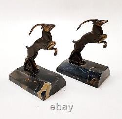 R. Varnier Bookend Animal Sculpture Ibex Bronze Signed Art Deco