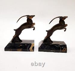 R. Varnier Bookend Animal Sculpture Ibex Bronze Signed Art Deco