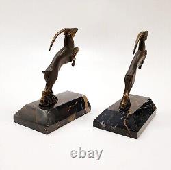 R. Varnier Bookend Animal Sculpture Ibex Bronze Signed Art Deco