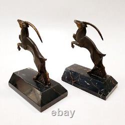 R. Varnier Bookend Animal Sculpture Ibex Bronze Signed Art Deco