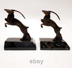 R. Varnier Bookend Animal Sculpture Ibex Bronze Signed Art Deco