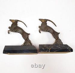 R. Varnier Bookend Animal Sculpture Ibex Bronze Signed Art Deco