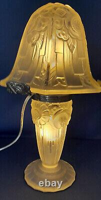 RARE OLLIER Signed Art Deco Lamp in Molded Glass from 1930 Hanots Glassworks