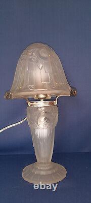 RARE OLLIER Signed Art Deco Lamp in Molded Glass from 1930 Hanots Glassworks