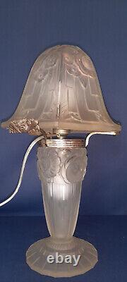 RARE OLLIER Signed Art Deco Lamp in Molded Glass from 1930 Hanots Glassworks