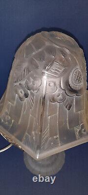 RARE OLLIER Signed Art Deco Lamp in Molded Glass from 1930 Hanots Glassworks