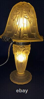 RARE OLLIER Signed Art Deco Lamp in Molded Glass from 1930 Hanots Glassworks