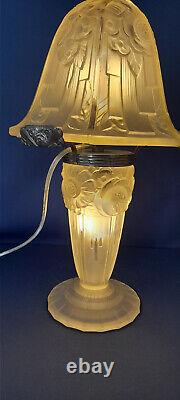 RARE OLLIER Signed Art Deco Lamp in Molded Glass from 1930 Hanots Glassworks