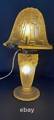 RARE OLLIER Signed Art Deco Lamp in Molded Glass from 1930 Hanots Glassworks