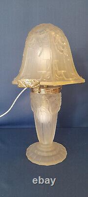 RARE OLLIER Signed Art Deco Lamp in Molded Glass from 1930 Hanots Glassworks